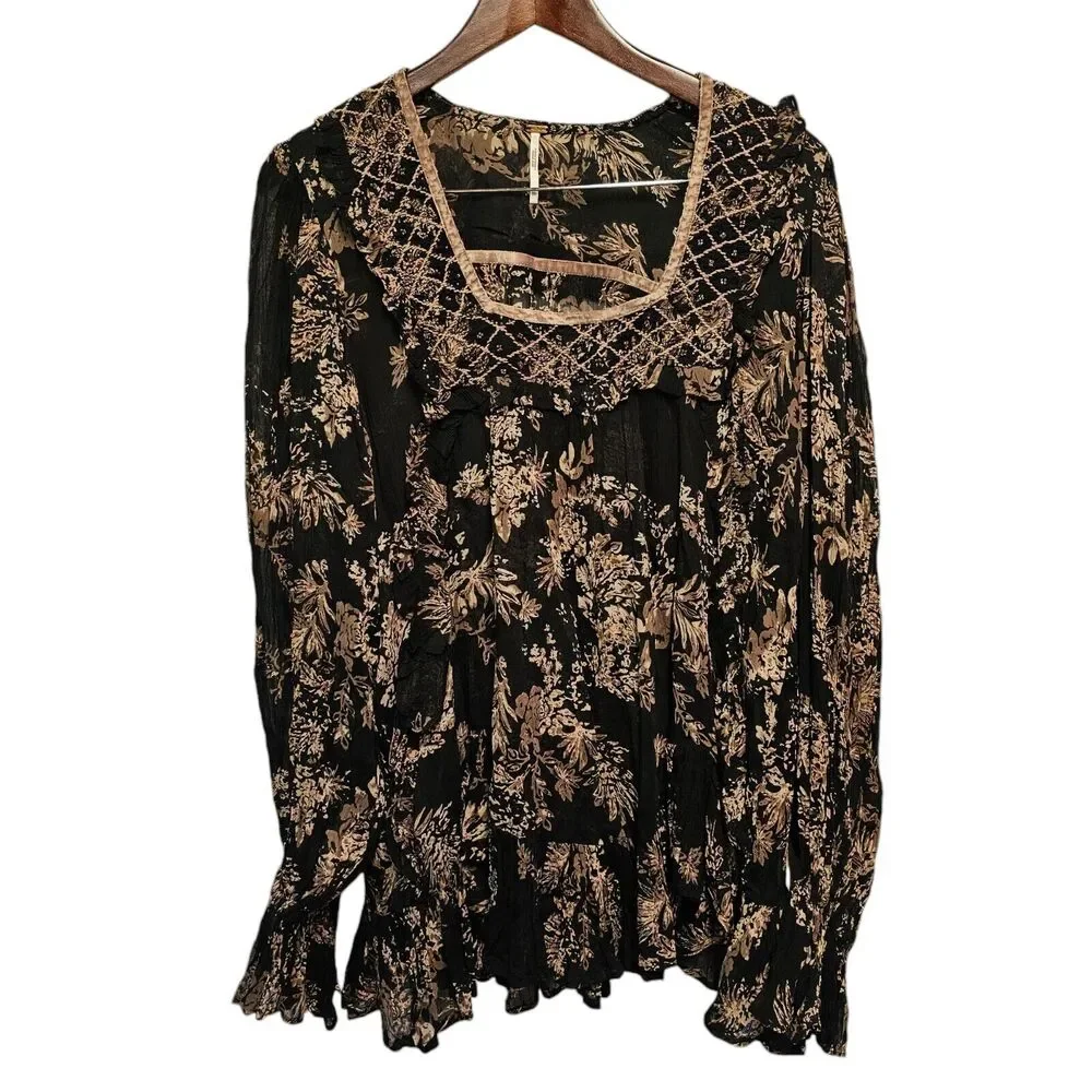 FREE PEOPLE Tunic Blouse Sheer Black Floral Velvet Beaded Accents SMALL Oversize